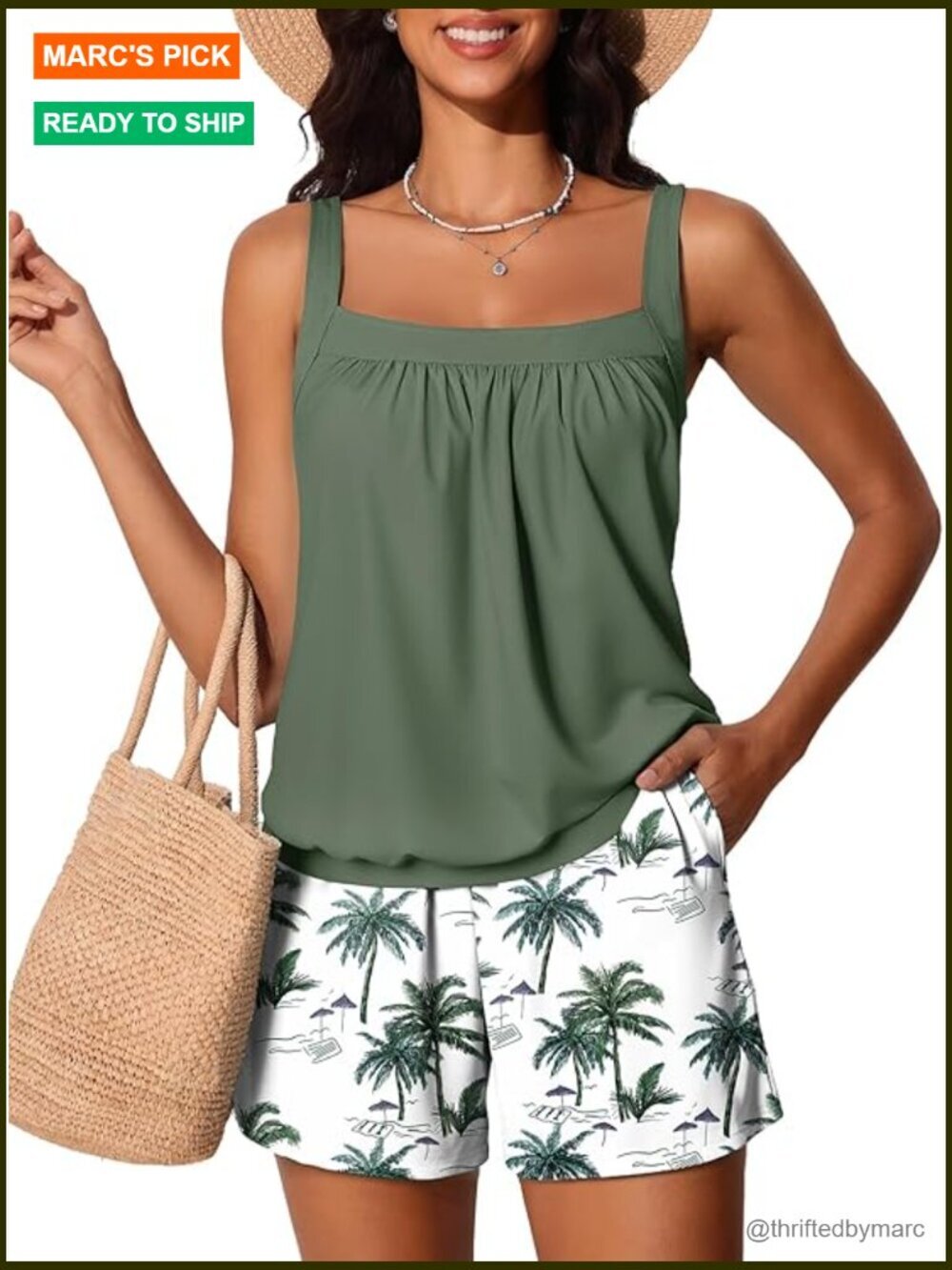 Tankini Set with Adjustable Straps Tummy Control Swim Shorts with Pockets